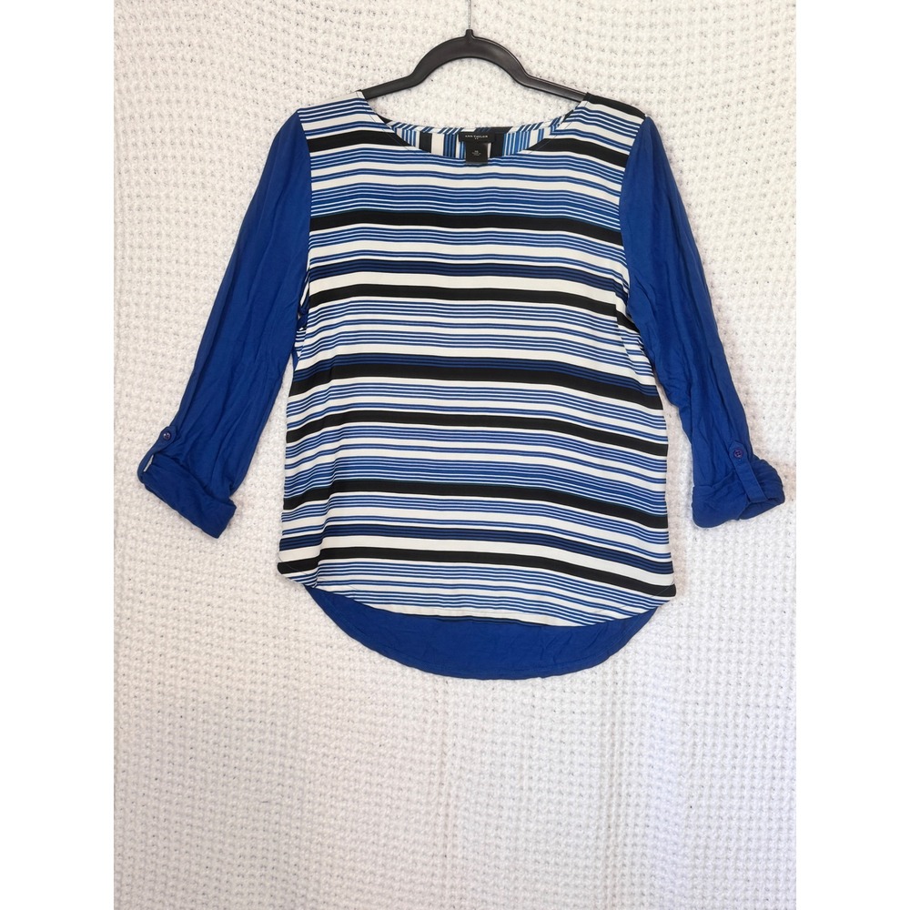 Ann Taylor Womens Top XS Blue Stripe Roll Tab Sleeve Blouse